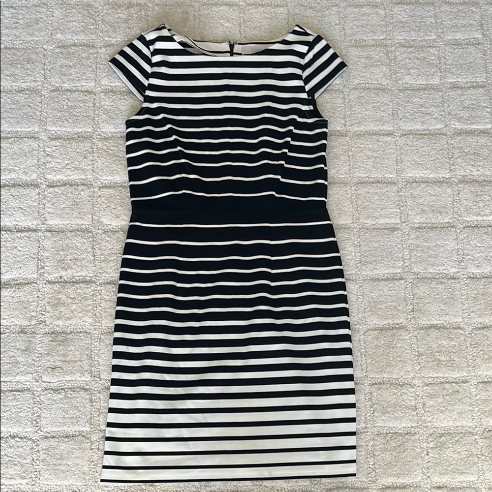 LOFT Black and White Stripe Cap Sleeve Sheath Dress